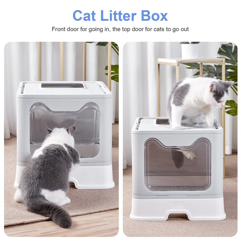 Caixa de areia do gato da saída superior da entrada dianteira com tampa dobrável grandes caixas de areia do gatinho gatos wc incluindo colher de plástico