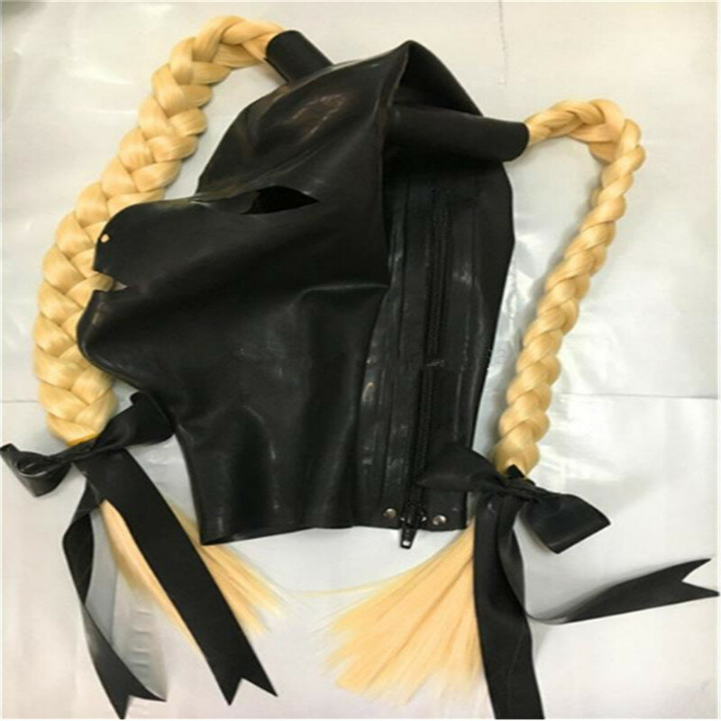 Capuz de borracha sensual para jogo adulto, máscara com peças de cabelo, perucas, dois ramos, cauda de cavalo, tranças com zíper traseiro, brinquedos de cabelo