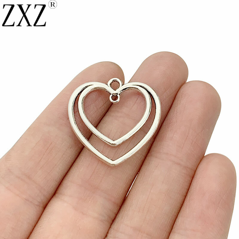 ZXZ 20 pz argento antico cuore aperto ciondoli pendenti 2 lati per collana braccialetto orecchino gioielli che fanno risultati 25x25mm