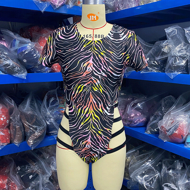 BKLD Summer Beach Clothing 2021 New Sexy Fashion Printed One Piece Outfit Women Bandage Hollow Out Short Sleeve Bodysuit