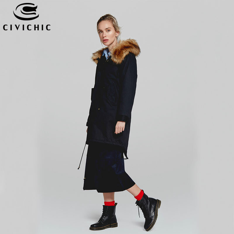 CIVICHIC 2020 Jaket Parka Kerah Bulu Musim Dingin Wanita Populer Jaket Bertudung Hangat Pakaian Luar Ekor Panjang Sedang Mantel Tebal dengan Sabuk DC15