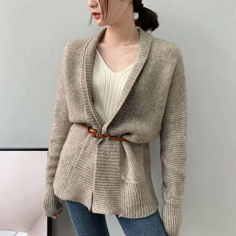 Langarm Elegante Strickjacke Pullover KM019 Solide Elegante Damen Oberbekleidung Herbst Modische Wolle Lose Gestrickte Pullover 2020