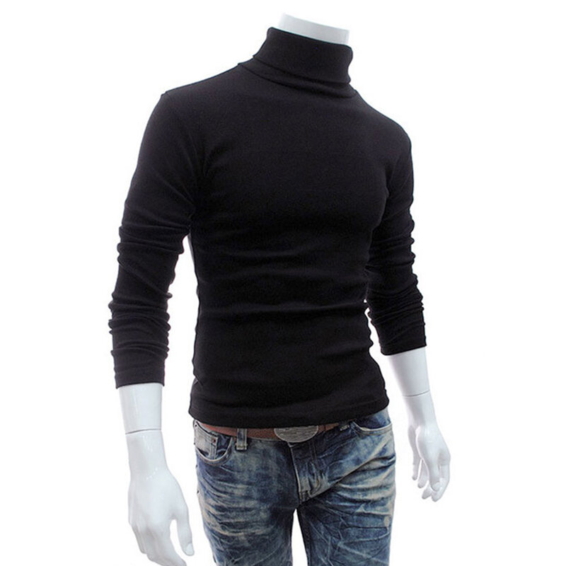 Suéter de manga comprida de gola alta masculino, encaixe apertado, gola alta, tops quentes, pulôver elástico, malhas, roupa casual, fino, novo