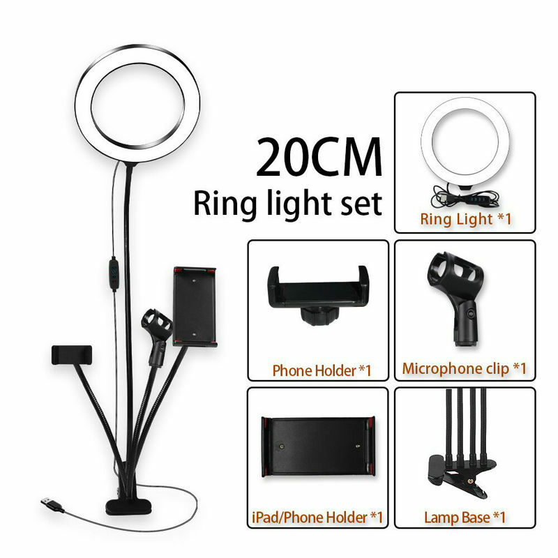 Кольцевой светодиодный светильник 5 в 1 для селфи, лампа большого размера 20 см с клипсой для телефона и держателем для микрофона, для прямой трансляции коротких видео, студийная лампа для макияжа