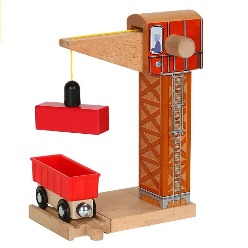 Accesorios de vías de tren de madera para todas las marcas, grúa magnética, juguetes educativos