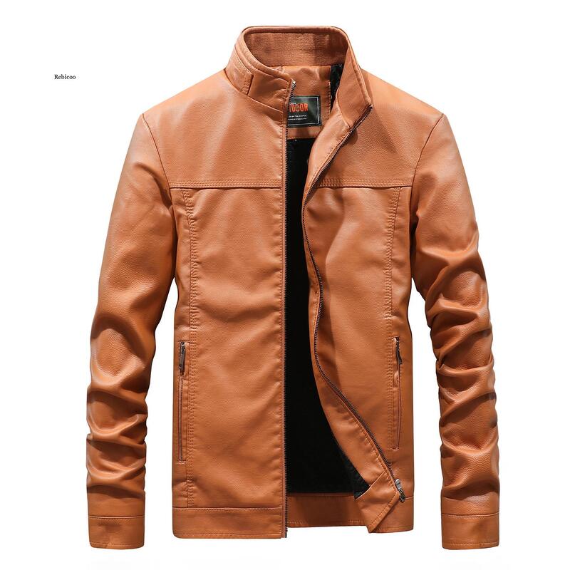2021 العلامة التجارية ربيع الخريف جديد الرجال السترات الصلبة الياقات بولي Leather معطف من الجلد للذكور جاكيتات لباس خارجي الملابس الملابس