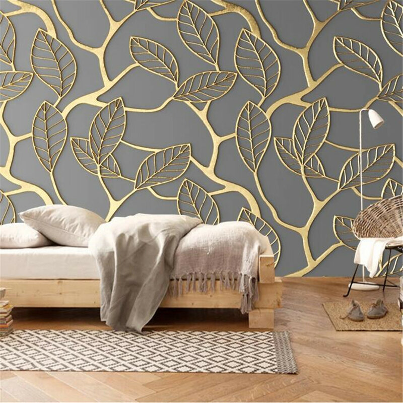 Milofi customized 3D photo non-woven fabric mural wallpaper golden three-dimensional leaf TV background wall paper mural