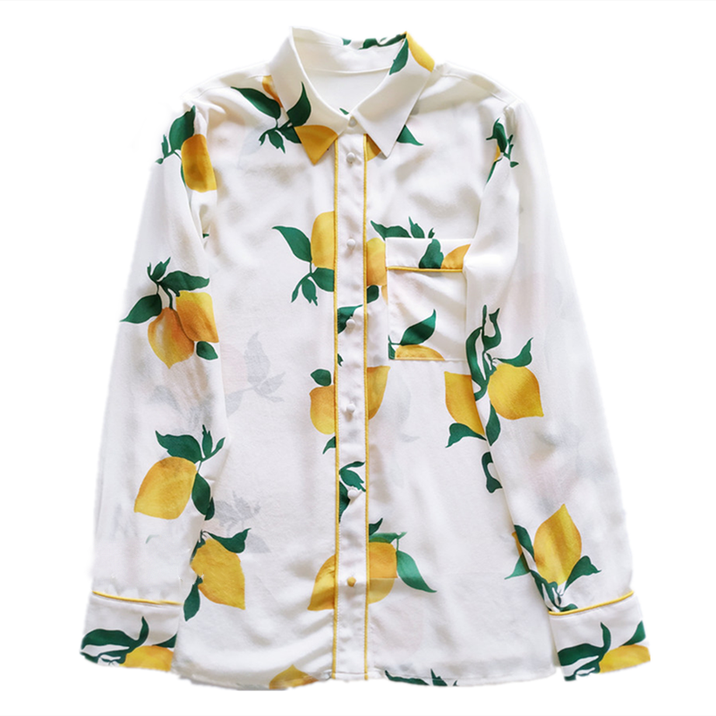 Primavera nova impressão de limão 100% de seda camisas curtas femininas manga comprida lapela blusa fina único-breasted bolso branco camisetas tamanhos grandes