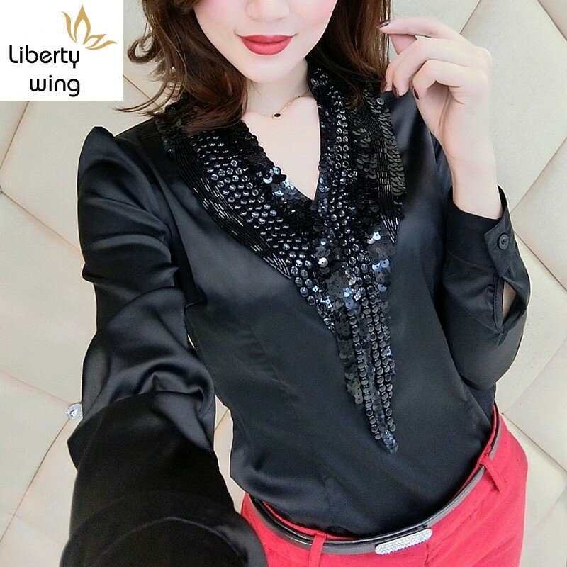 Женская блузка с блестками, приталенная блузка с V-образным вырезом и длинным рукавом, в Корейском стиле, лето 2020