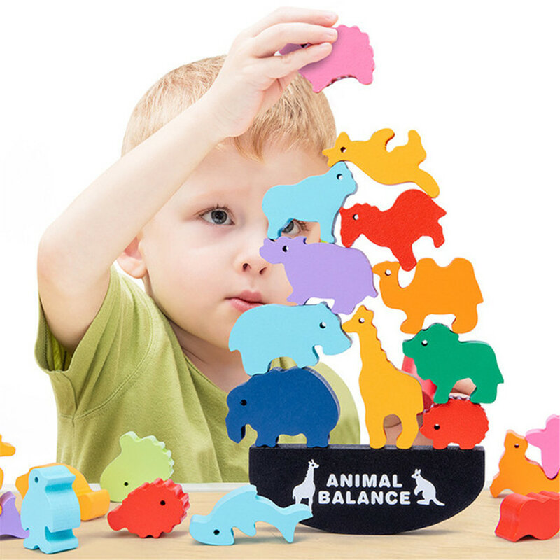 Children Montessori Wooden Animal Balance Blocks Board Games Toy Dinosaur Educational Stacking High Building Block Wood Toy