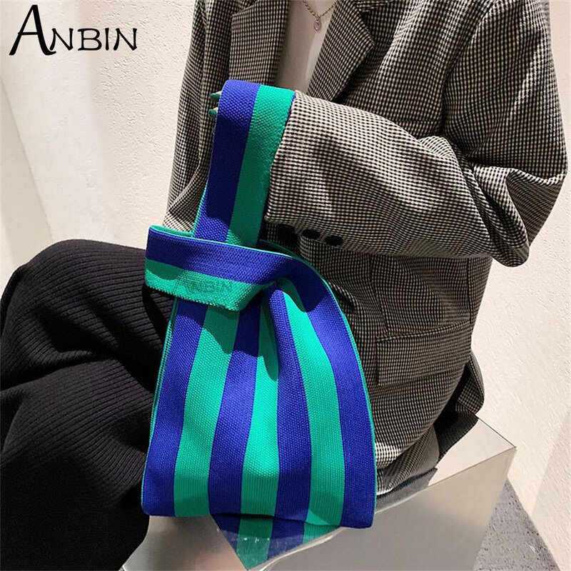 Women's Japanese Knot Casual Color Wide Stripe Handbag Fashion Knitted Shoulder Bag Student Capacity Reusable Shopping Wrist Bag