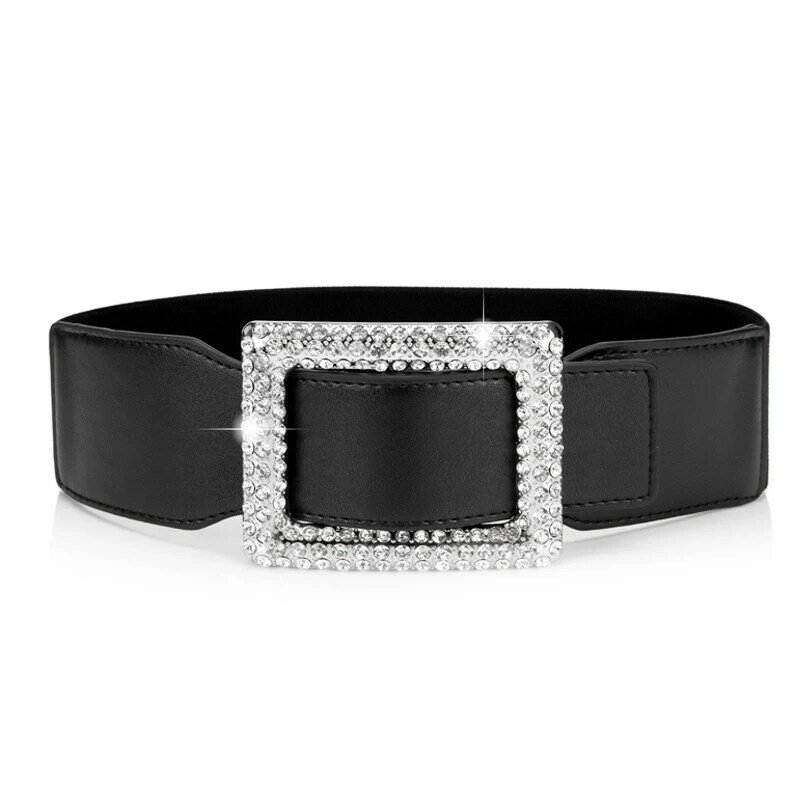 Cinturilla blanca con cierre de cintura para mujer, cinturón con hebilla rectangular de cristal de lujo plateado, elástica ancha negro, nuevo diseño