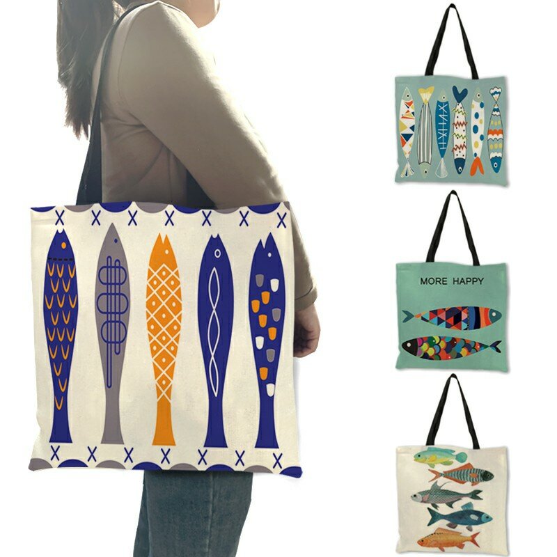 クリエイティブパーソナライズトートバッグカラフルな幾何学魚パターン印刷ハンドバッグファッションユニセックス実用カジュアル旅行パッケージ