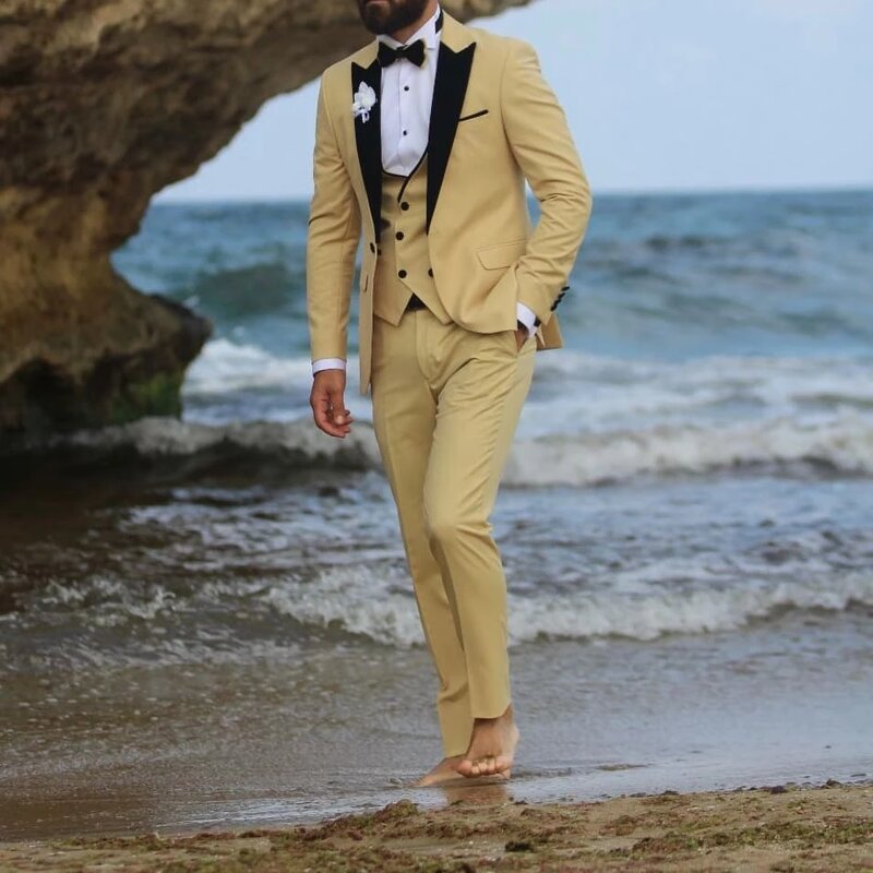 Custom Made klasyczne Khaki plaża garnitury ślubne dla pana młodego Slim Fit formalne Prom Party mężczyźni garnitur smoking kurtka spodnie kamizelka 3 sztuk