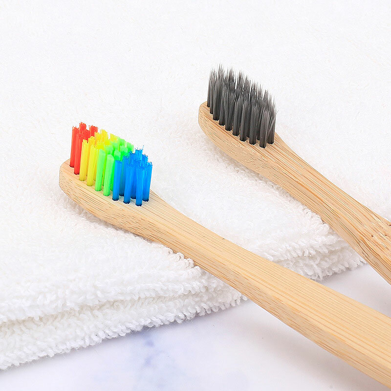 Brosse à dents écologique en bambou pour enfants, poils souples, poignée en bambou de couleur arc-en-ciel pour soins buccaux