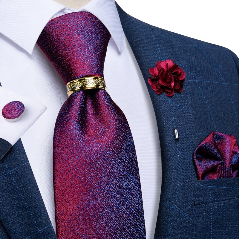 Fioletowy czerwony niebieski stałe męskie krawaty 8cm szeroki jedwabny krawat na wesele akcesoria dla mężczyzn kieszonkowe kwadratowe spinki do mankietów broszka Pin
