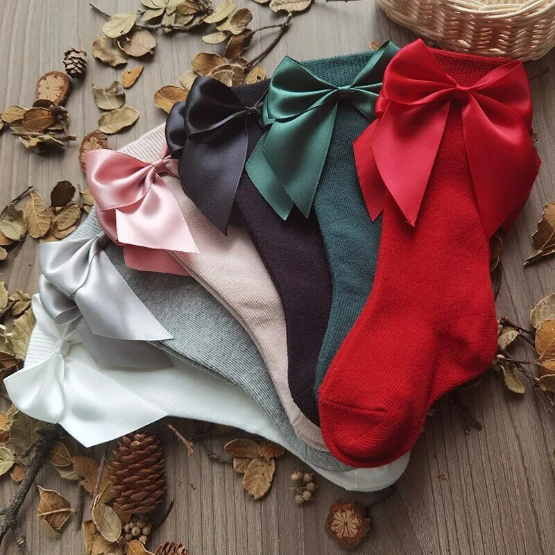 Носки для маленьких девочек, осенние носки для малышей с большим бантом до колена, мягкие милые детские рождественские носки, хлопковые красные носки для новорожденных