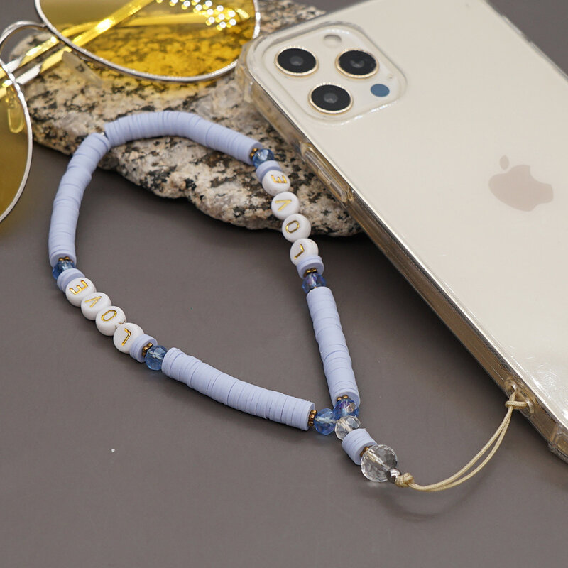 Minimalist Bohemian Polymer Clay โทรศัพท์มือถือสำหรับผู้หญิงสายรุ้งลูกปัด Love Chain เข็มขัดโทรศัพท์เครื่องประดับ Lanyard ใหม่