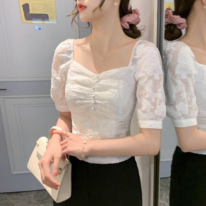 Square Leher Renda Kemeja Puff Lengan Pendek Sifon Kemeja Atas Splicing Dicetak Floral Blus Wanita 2020 Musim Panas Baru Putih Tanaman atasan