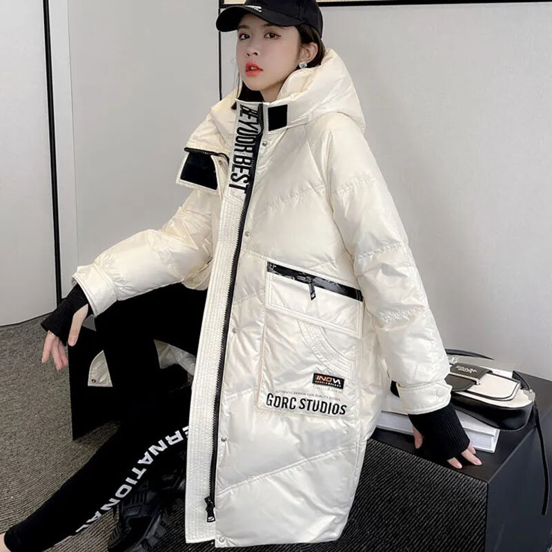 새로운 여성의 긴 다운 재킷 높고 90% 화이트 오리 코트 광택 워시 스노우 재킷 겨울 따뜻한 후드 파카 오버 코트