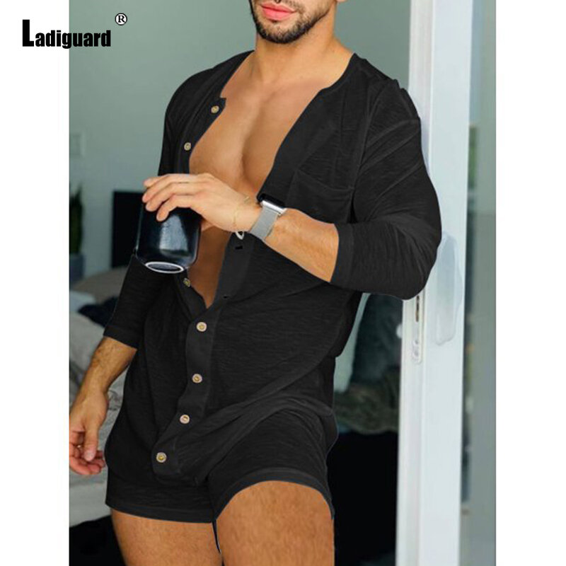 Ladi guard sexy dünne Herren Set Langarm Knopf Stram pler Bodysuit Sommer neue Mode einteiligen Overall schwarz weiß Spiel anzüge
