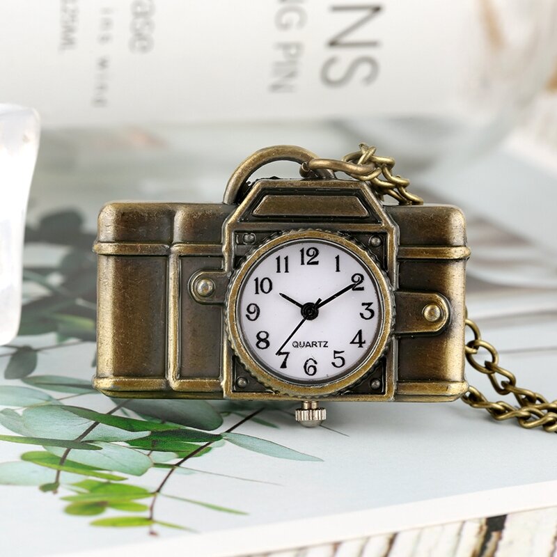 Reloj de bolsillo con forma de cámara única, colgante de cuarzo, bronce Vintage, moda, collar, relojes para fotógrafos y amigos