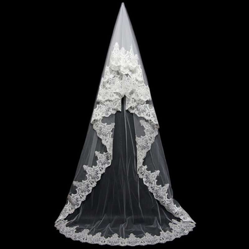 Eightale-velo de novia con borde de tul, accesorio de boda, color blanco marfil, apliques de encaje, 3M