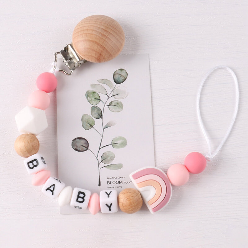 NEW Personalized Name Handmade Beech Pacifier Clip Holder Chain Silicone Rainbow Pacifier Chain Baby Teether Teething Chain Gift