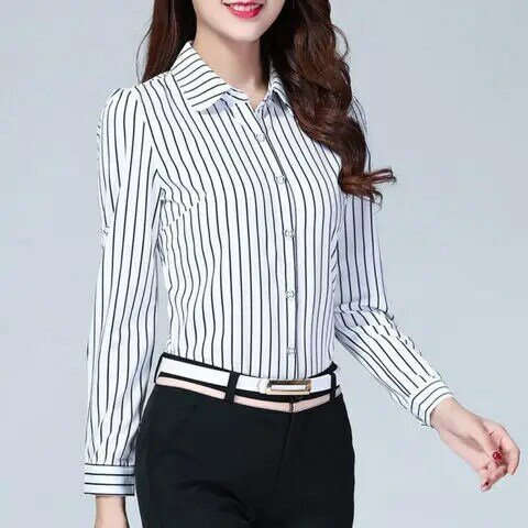 Camisa feminina de chiffon e manga longa, camisa preto e branco para escritório com listras verticais e cultivo, de primavera