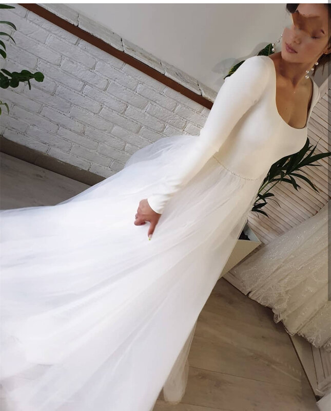 Vestido de casamento para petite feminino manga longa cetim colher a linha sem costas branco vestidos de noiva alta qualidade simples robe de mariee