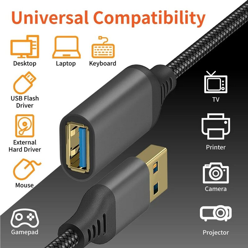 USB 3.0 macho para fêmea de alta velocidade de transmissão de dados, cabo de extensão para computador, câmera, impressora, 5m, 3m, 2m, 1m