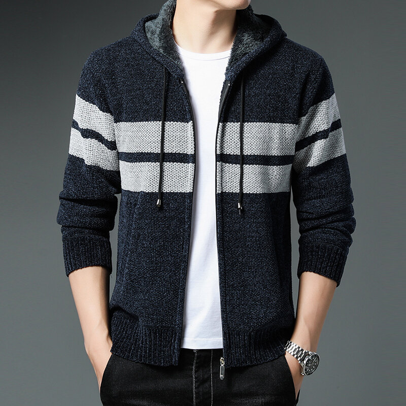 Fleece Jacket Men's Jumper Cardigan Autumn Winter New Knitted Hoodies Thick Warm Loose Casual Clothes Striped  Sweater Coat