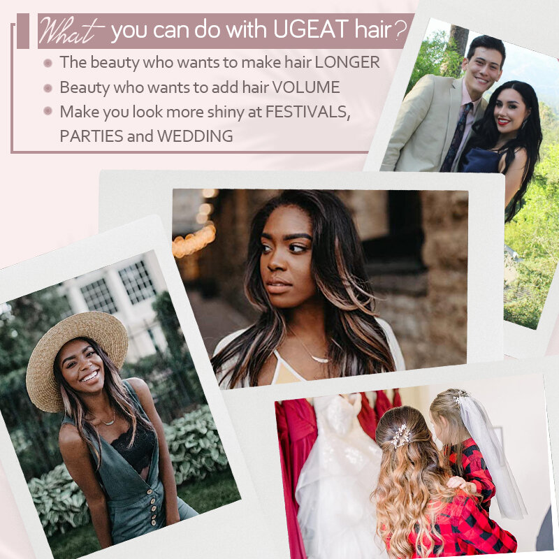 Ugeat – Extensions de cheveux naturels avec clips pour femmes, cheveux Remy, Double trame, 14 à 22 pouces, tête complète, 7 pièces, 16 couleurs