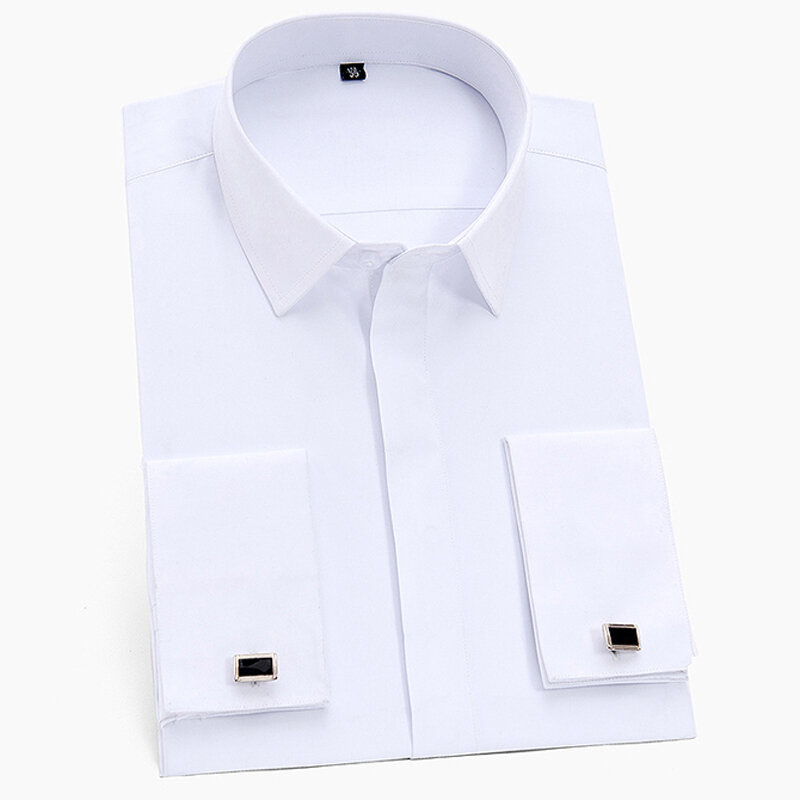Мужская классическая деловая рубашка, однотонная деловая рубашка с длинными рукавами и французскими манжетами, со скрытыми пуговицами, с запонками