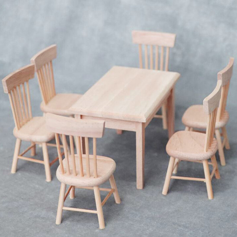1:12 puppenhaus Miniatur Möbel Holz Esstisch mit 6 Stuhl Modell Gesetzt Puppenhaus Miniaturen Zimmer Zubehör