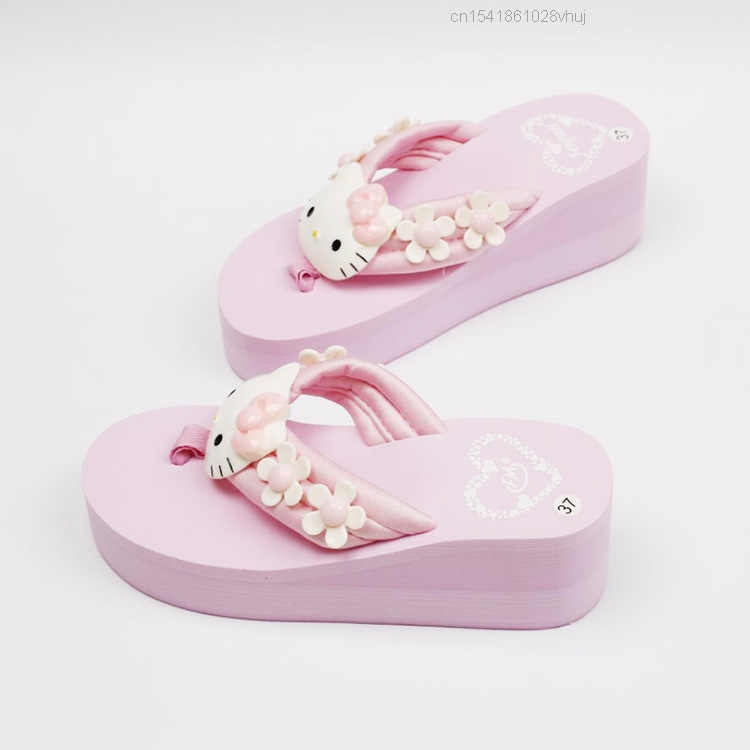Chinelos Sanrio Hello Kitty para Mulheres, Sandálias Kawaii Cartoon, Sapatos Plataforma, Cunha Flip Flop, Salto Alto, Moda Feminina, Y2K