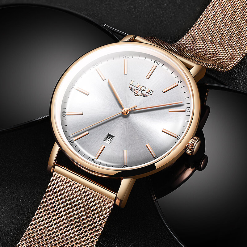 LIGE S สแตนเลส Ultra-Thin นาฬิกาข้อมือควอตซ์ ClockTop ยี่ห้อ Luxury นาฬิกากันน้ำสตรีนาฬิกาแฟชั่น LADIES