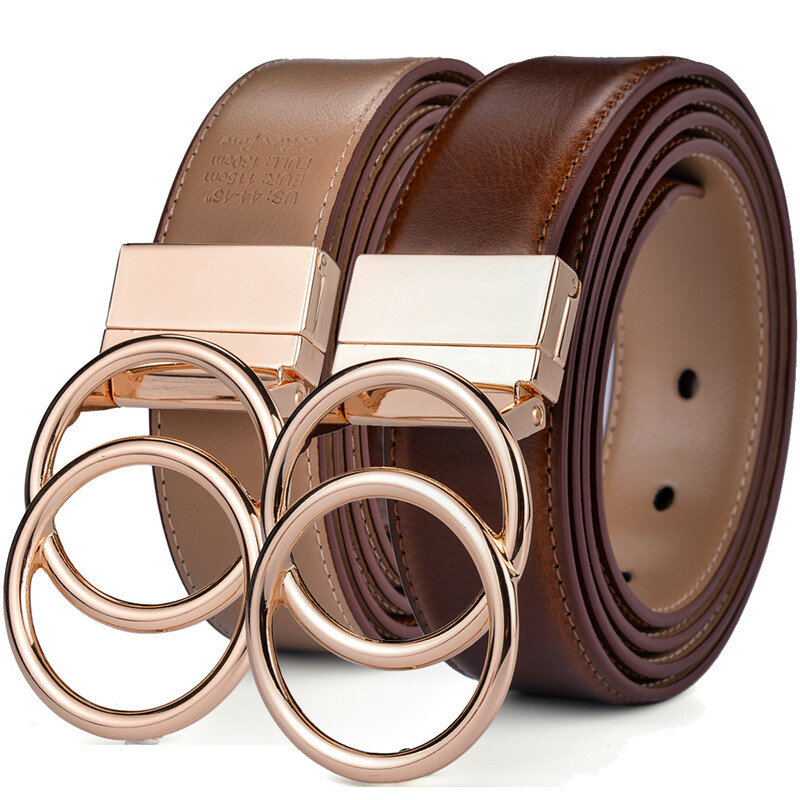 Beltox-Cinturón Reversible de cuero para mujer, doble anillo redondo, hebilla giratoria, cintura de dos lados, Vestido vaquero fino