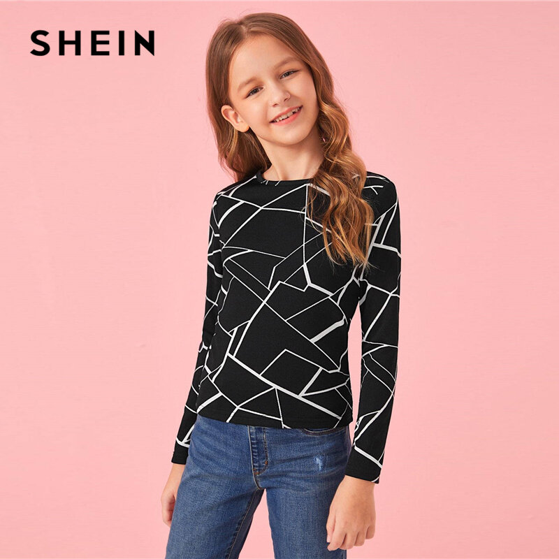 SHEIN Kiddie noir géométrique imprimé enfants t-shirt style décontracté adolescent vêtements 2019 automne à manches longues tops basiques et t-shirts pour les enfants