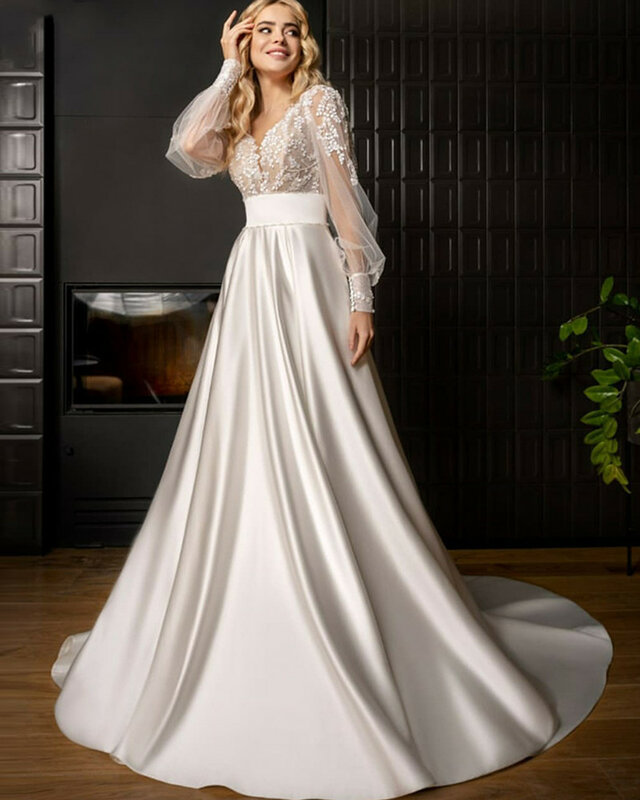 Gaun pernikahan A-Line kerah v elegan manik-manik 2024 gaun pernikahan Satin punggung terbuka Boho renda atasan lengan panjang untuk gaun pengantin