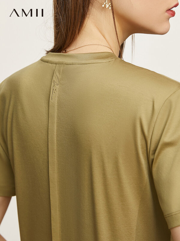 Amii-Camiseta minimalista de verano para mujer, camisa oficial de retales de Algodón 100% con cuello en V, Tops para mujer 12130138