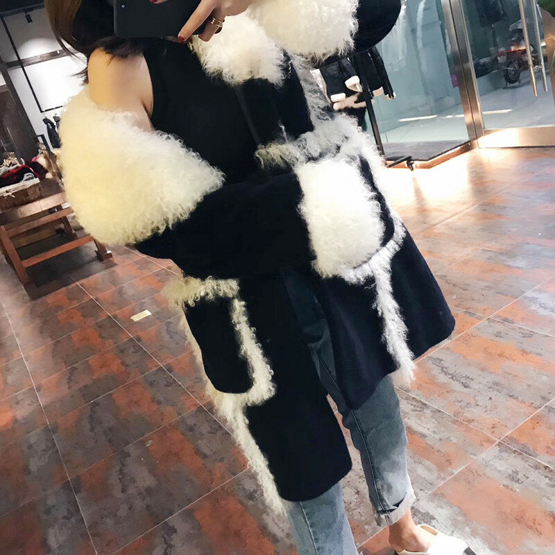 Manteau Long à col en fourrure de mouton mongol pour femme, veste de vêtements pour femme, cisaille, KJ1060, hiver 2023