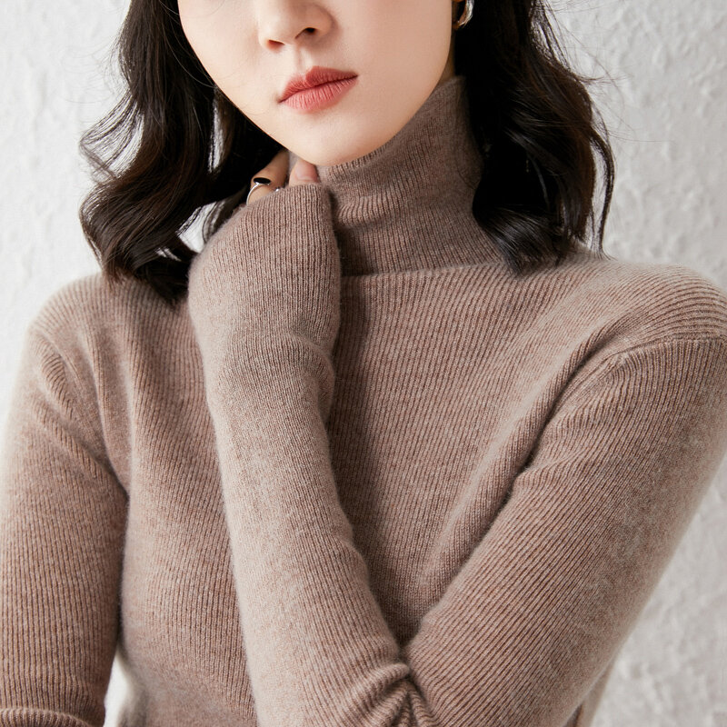 2022 outono feminino nova cor pura plana alto-pescoço camisola de lã pura casual fino moda temperamento pulôver mangas compridas