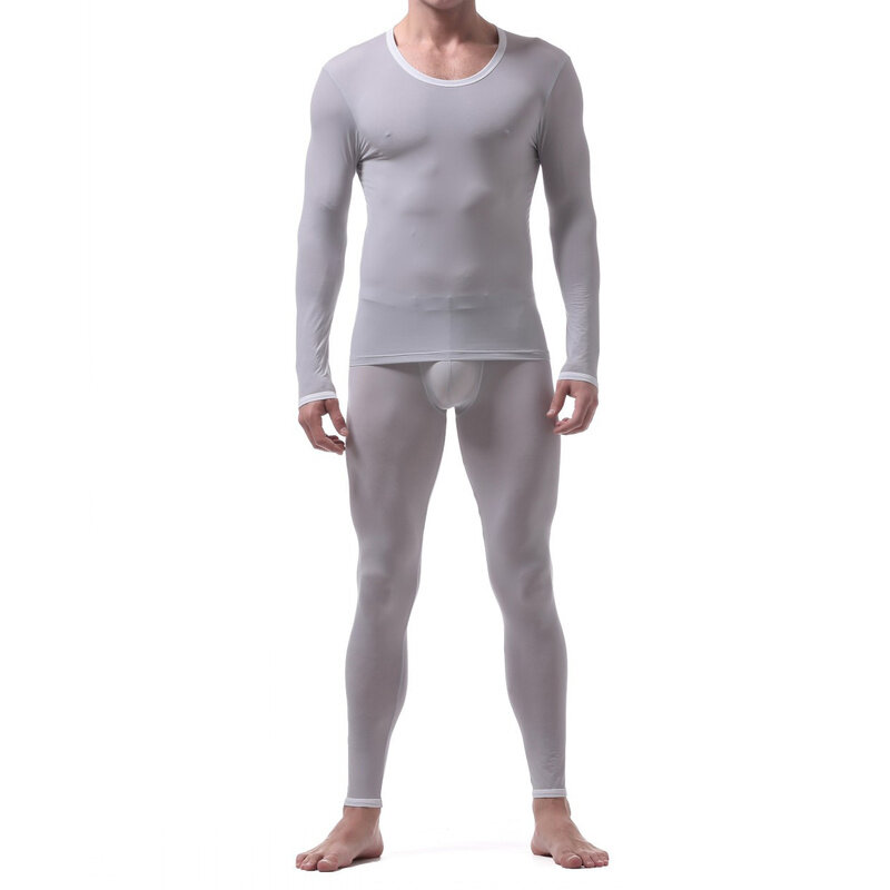 Pria Kaus Dalam Set Ultra Tipis Es Sutra Seksi Pria Pakaian Lengan Panjang Top + Celana Baju Tidur Piyama Lembut Bernapas set