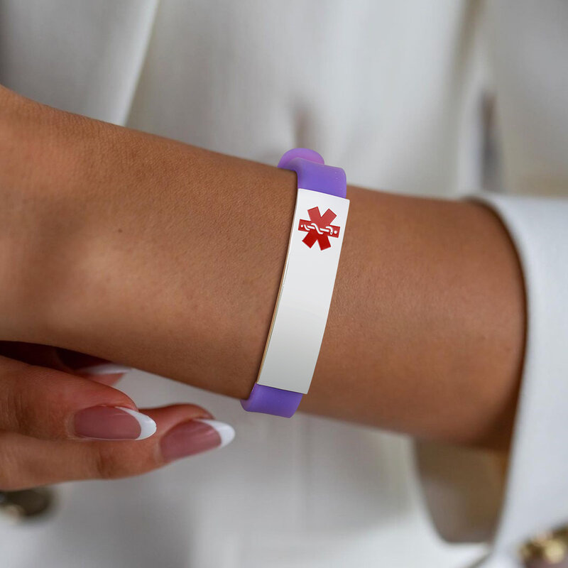 Pulsera de identificación de alerta médica ajustable minimalista para mujer, pulsera de silicona con grabado gratis