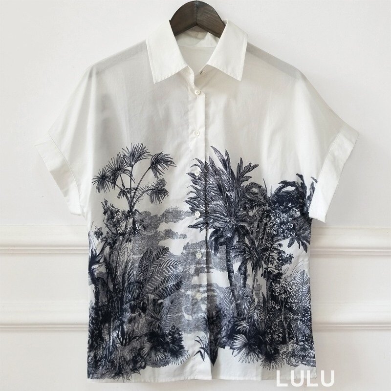 Big-name summer ladies cotton 3D printing fashion short-sleeved top shirt 2020New lapel single-breasted loose women's shirt XL