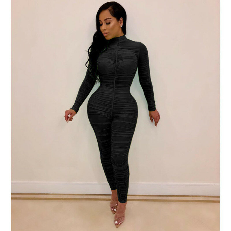 BKLD Womens New Ruched O-Neck Mesh Rompers Jumpsuit 2023 Autumn Long Sleeve Bodysuit Clubwear Sexy See Through Women Jumpsuits
