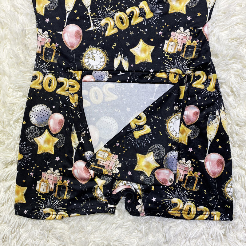 2021新女性の遊び着vネックハイウエスト文字パターン印刷ボタンロンパース長袖ワンピース新年ホーム服