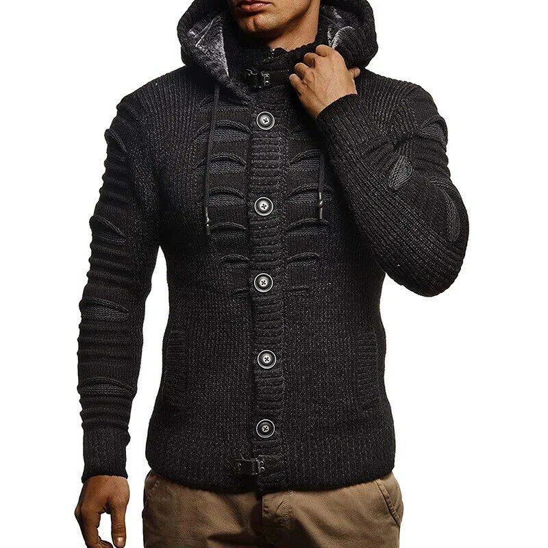 Pakaian Pria Mantel Kasual Beige Bergaris Disambung Kardigan Rajutan Pria Sweter Hangat Musim Dingin Bertudung Pria Sweater Pria