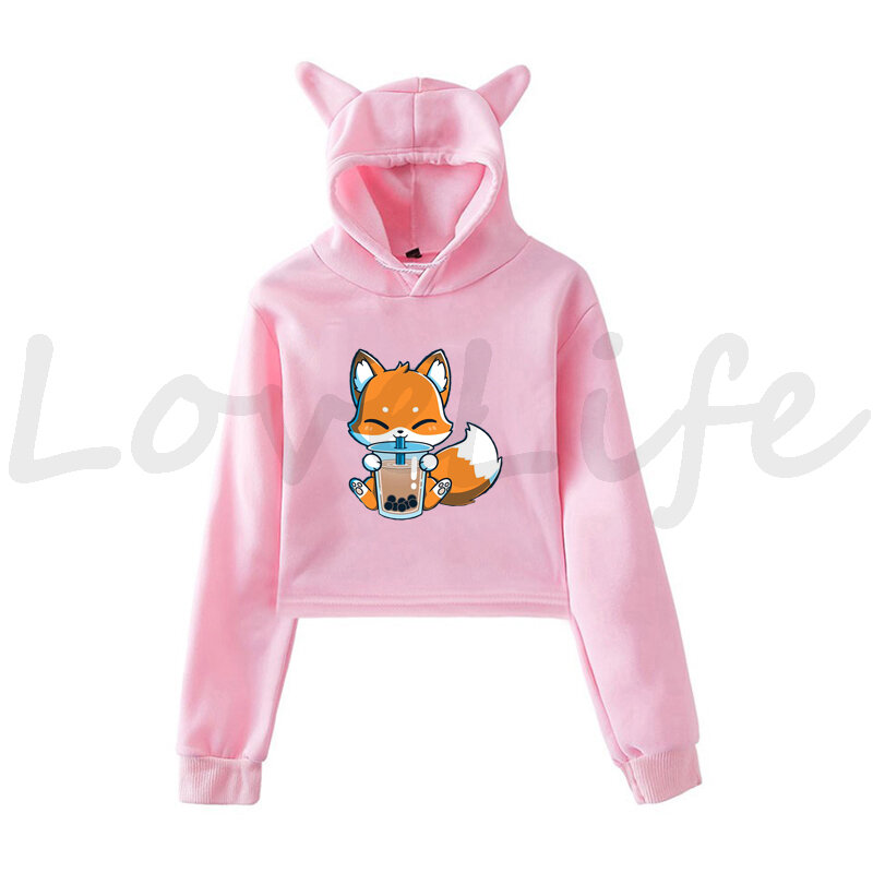 Kawaii Girls Animals Boba Tea Hoodies Cartoon felpa Pink Fashion Cat Ear Women Panada Cat Fox pullover Lady Harajuku Top